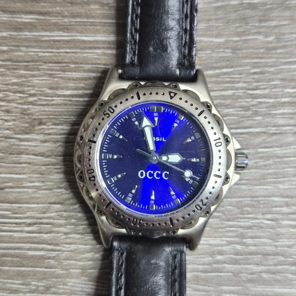 Fossil Blue PR5056 Quartz Watch Blue Dial OCCC Logo Black Leather Strap Working